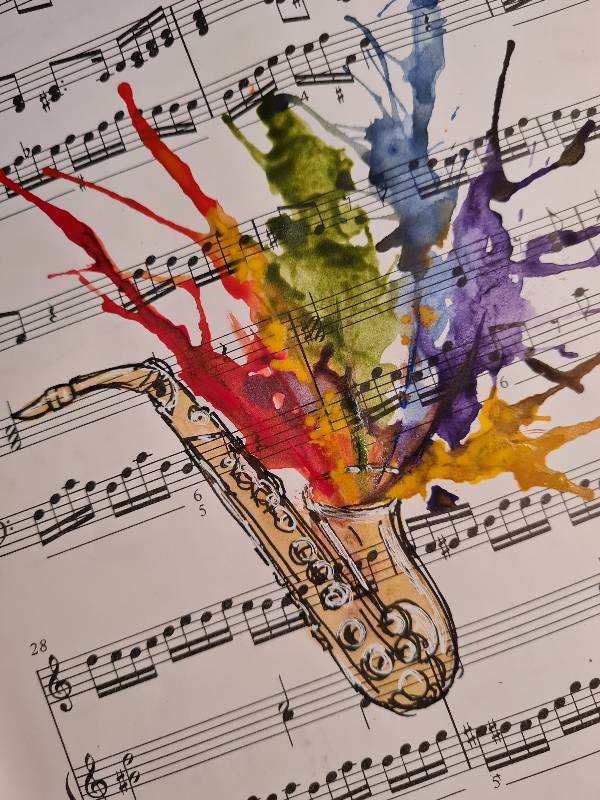 saxophone by JustaDot (Watercolor, Pen)