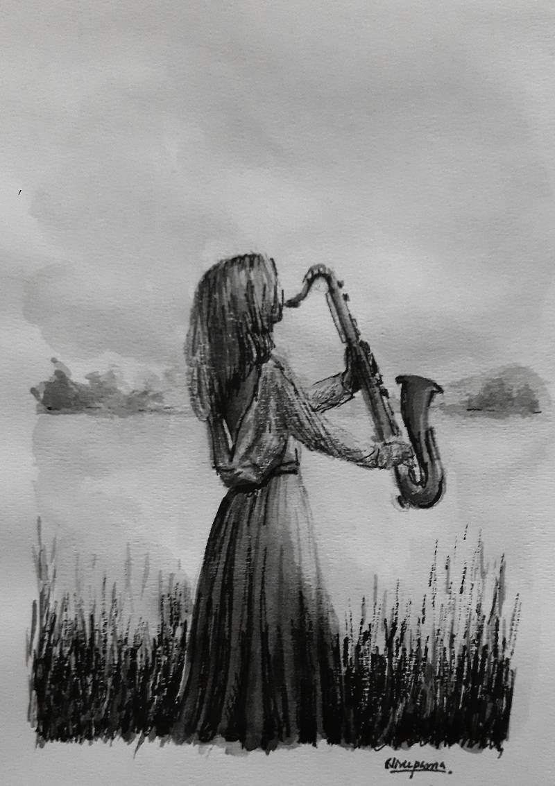 saxophone by Niru (Watercolor, Pen, Ink)
