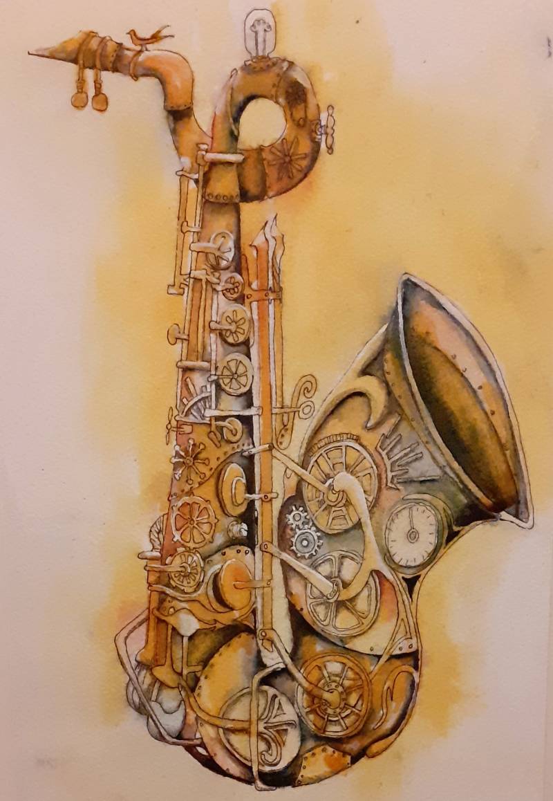 saxophone by Juliapinksocks (Watercolor, Pen, Ink)